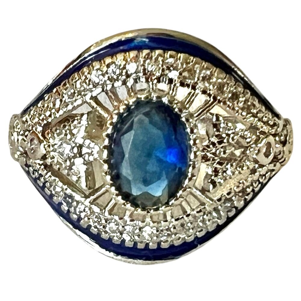 Sterling Silver 925 Blue Cz  Gemstone Evil Eye Design Ring Size 6.75